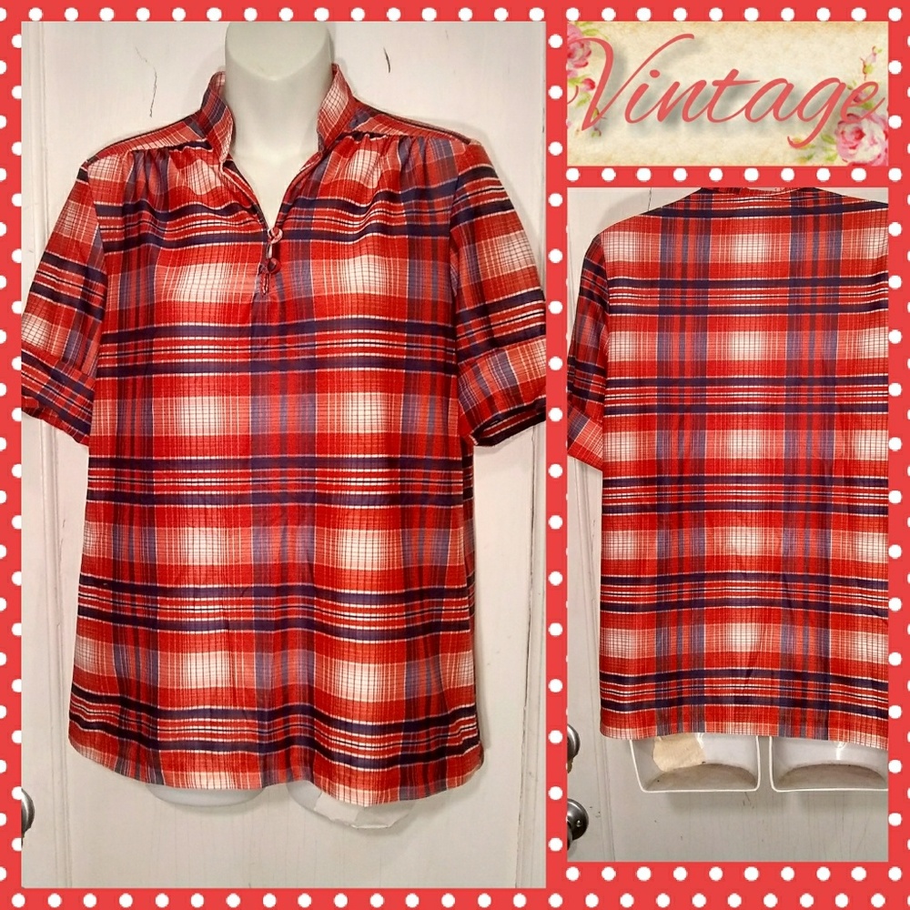 As/Is VTG 60s Red/Blue Plaid Poly Blouse Sz S